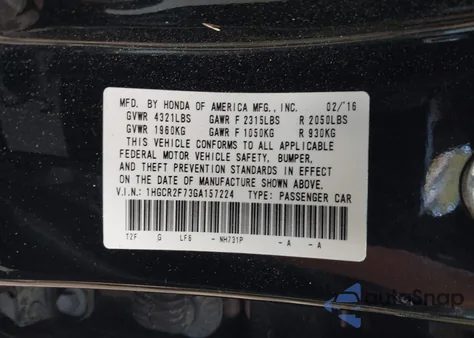 2016 Honda Accord Ex z USA, uszkodzony, nr VIN 1HGCR2F73GA157224
